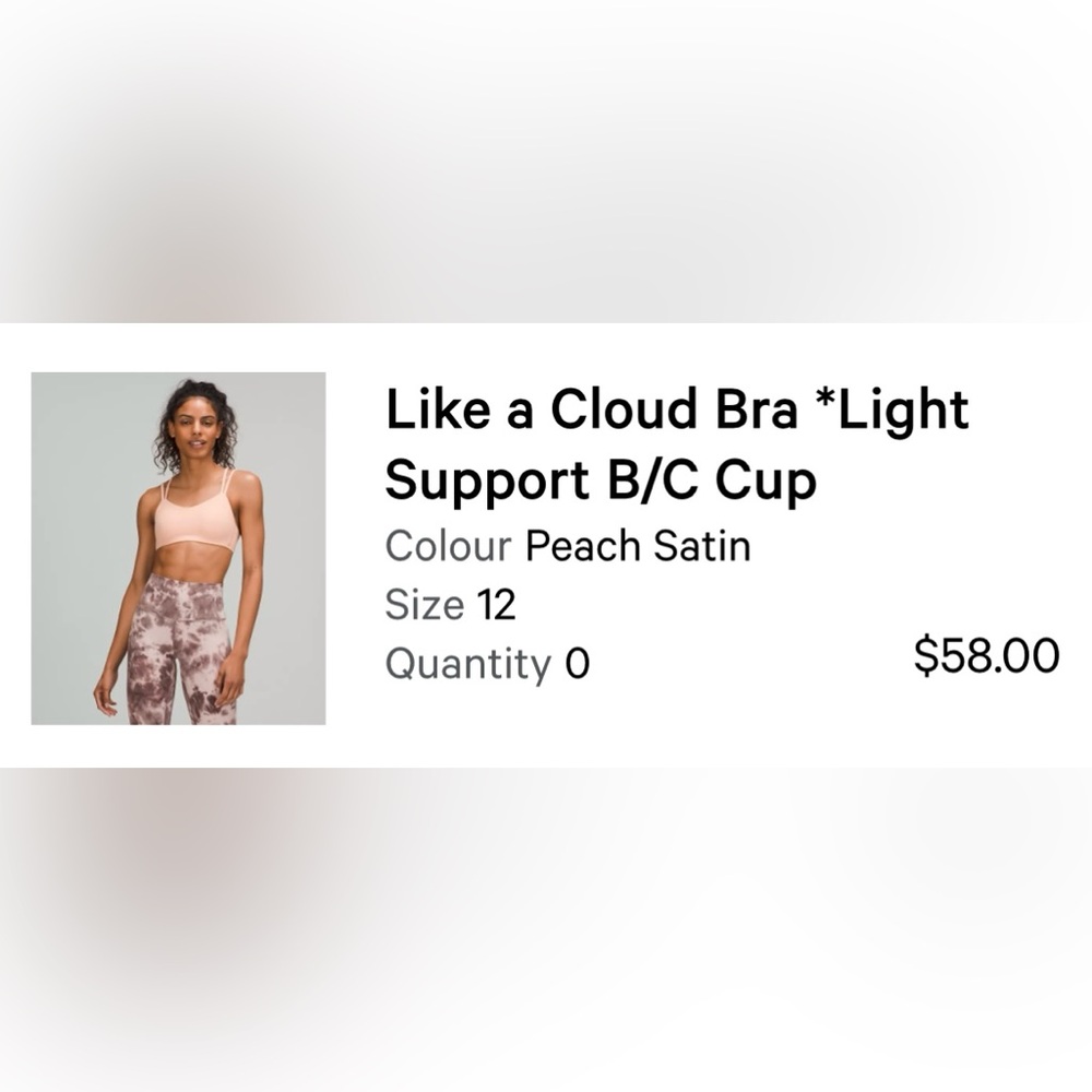 Lululemon Like a Cloud Bra B/C cup size 12 
Peach Satin